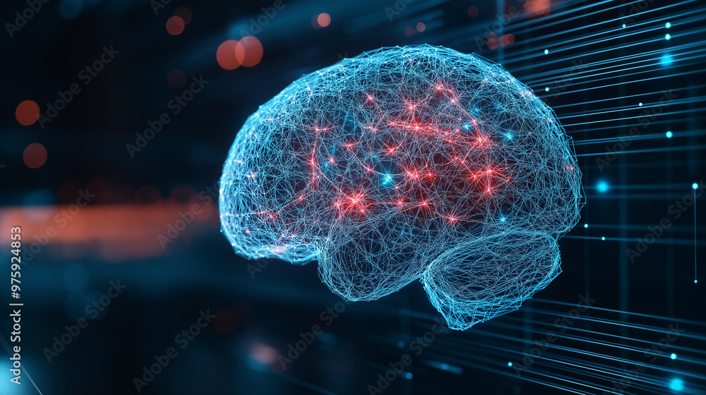 Aufkleber a complex 3d wireframe of a human brain, with separated layers highlighting neural networks and invi