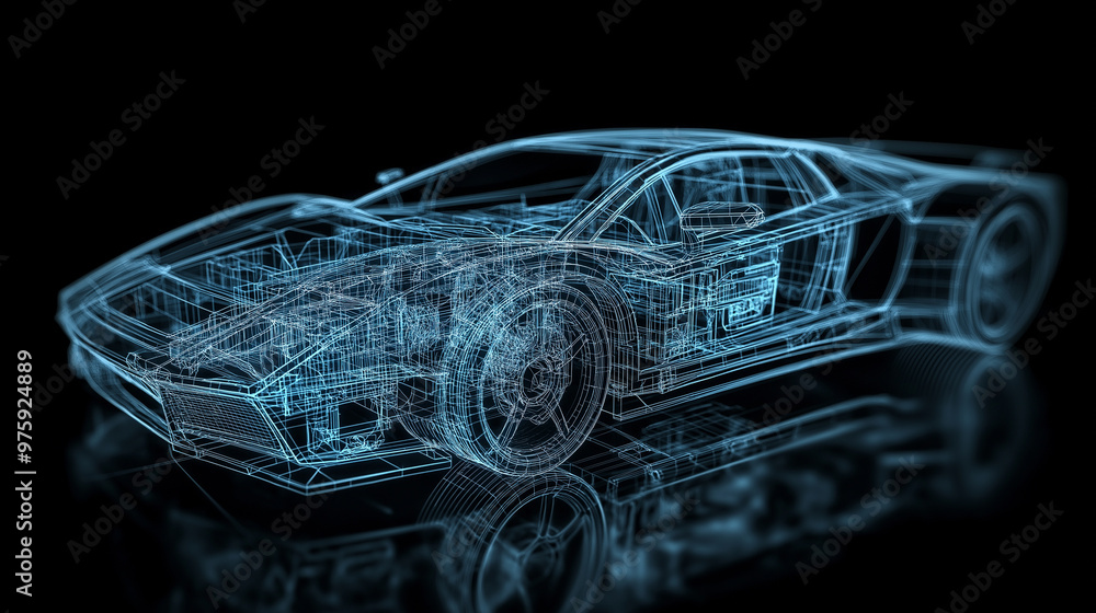 Poster a vector wireframe of a futuristic car design in 3d, with transparent layers showing the engine and 