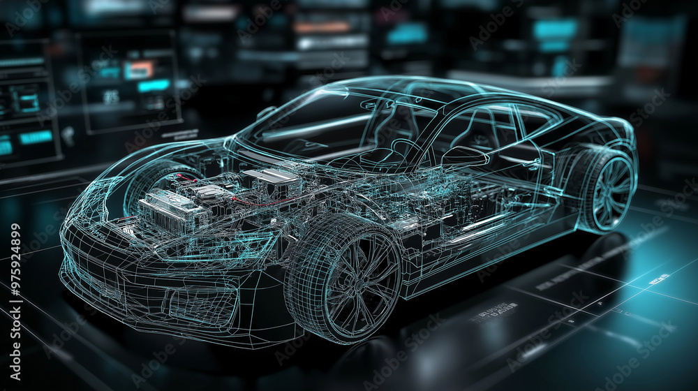 Poster a vector wireframe of a futuristic car design in 3d, with transparent layers showing the engine and 