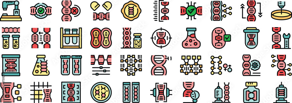 Poster gene editing concept with scientists researching, analyzing and modifying dna using various equipmen