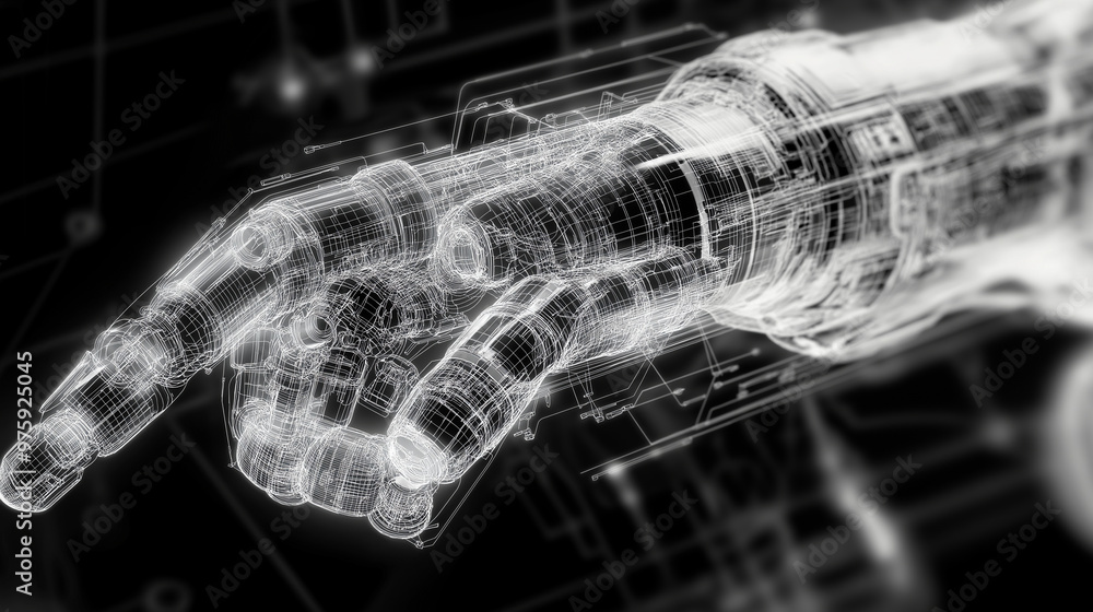 Aufkleber a complex wireframe of a mechanical robot arm, with layers showing gears, joints, and electronic com