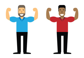 Dark Skinned and White Man Character Showing Muscles Flat Style. Sports characters and muscle building concept vector