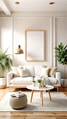 Cozy white living room interior, home mockup, 3d render, white Mock up frame
