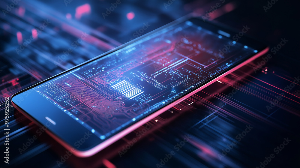 Poster a futuristic wireframe 3d vector of a digital tablet, with layers highlighting the internal circuitr