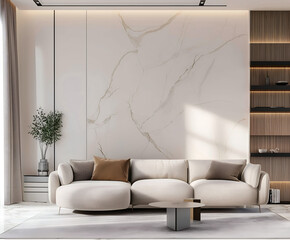 Aesthetic elegant minimalist modern interior design. Clear mock up empty wall for decoration in the apartment. Copy space in the room. Neutral palette of natural colors.