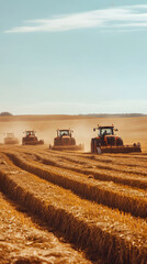 Fototapeta premium Several tractors plowing vast golden farmland together
