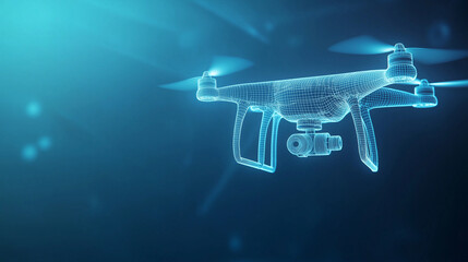 Obraz premium A wireframe 3D vector of a drone, with separated layers showing the motor, propellers, and camera system, hovering in a transparent sky.