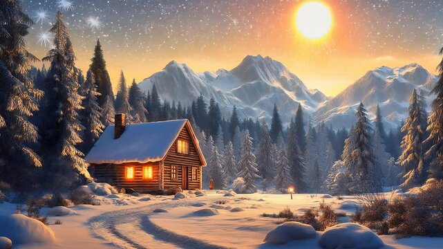 Abandoned wooden house illuminate the snow-covered spruce canopy during moonrise, moonset