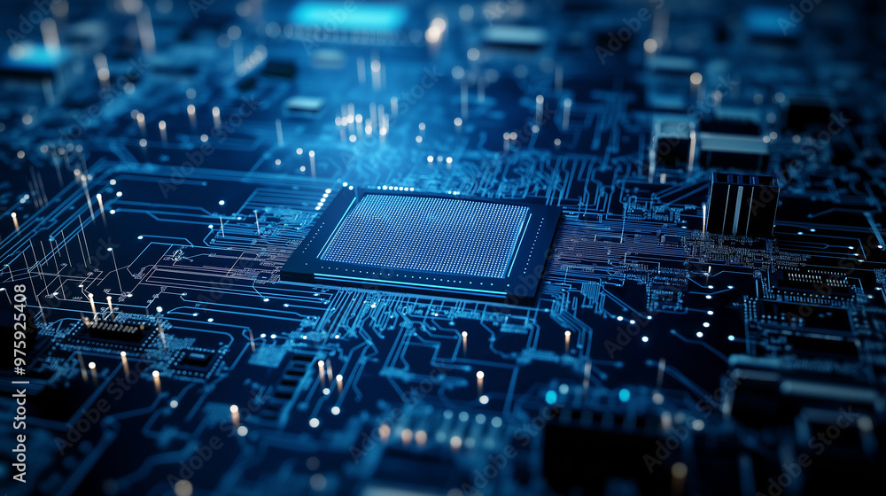 Poster a 3d wireframe vector of a computer motherboard, with layers highlighting the circuits, processors, 