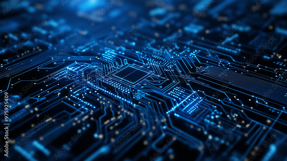 Poster a 3d wireframe vector of a computer motherboard, with layers highlighting the circuits, processors, 