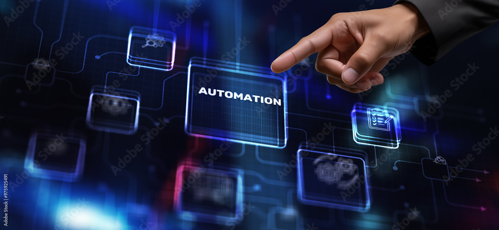 Poster automation 3d icon. business industrial process workflow optimisation
