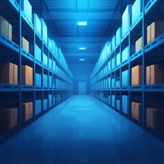 Fototapeta premium A spacious warehouse filled with neatly organized shelves and storage boxes under cool, blue lighting.