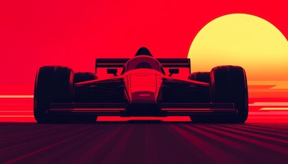 A striking silhouette of a race car against a vibrant sunset, evoking speed and energy in a minimalist design.