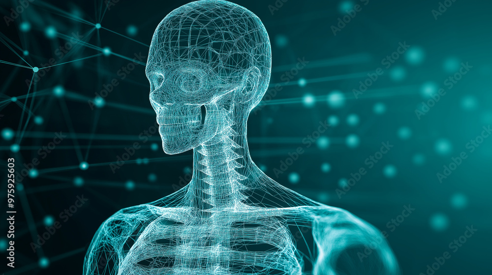 Poster a wireframe 3d vector of a human skeleton, with layers highlighting the bones and invisible nerve pa