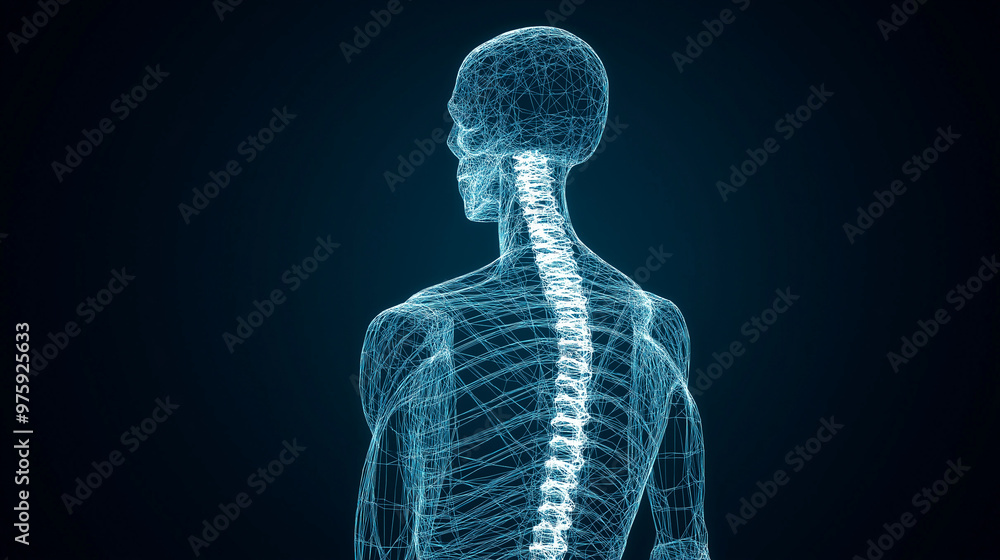 Poster a wireframe 3d vector of a human skeleton, with layers highlighting the bones and invisible nerve pa