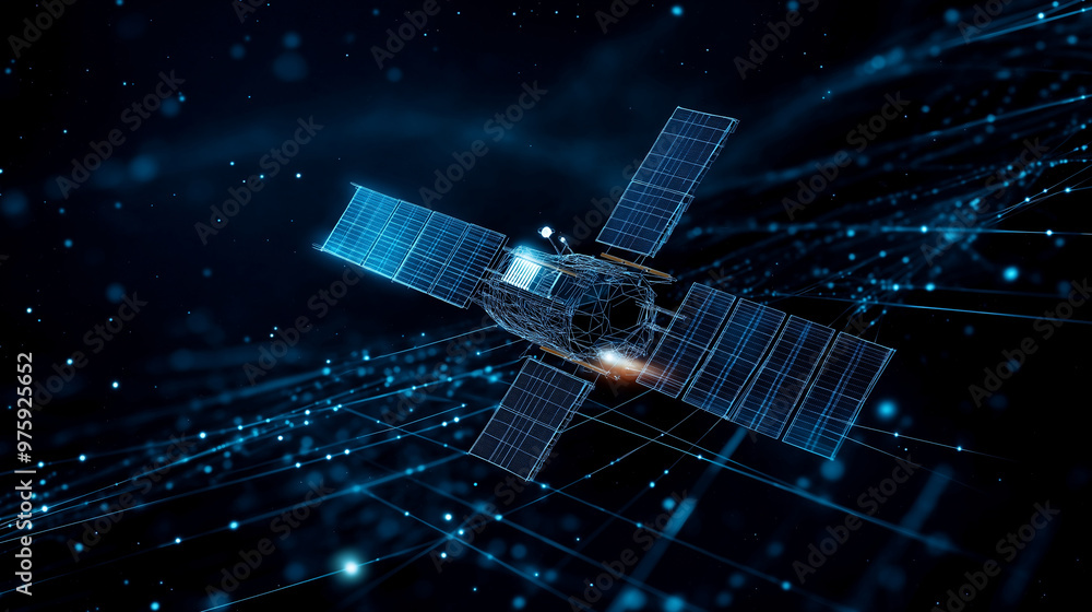 Poster a 3d wireframe vector of a satellite in orbit, with layers showcasing solar panels, internal sensors