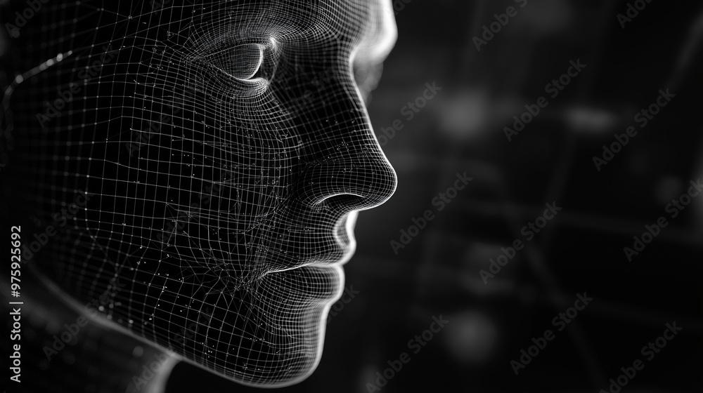 Poster a wireframe-style 3d vector of a human face, with layers showing visible skin structure and invisibl