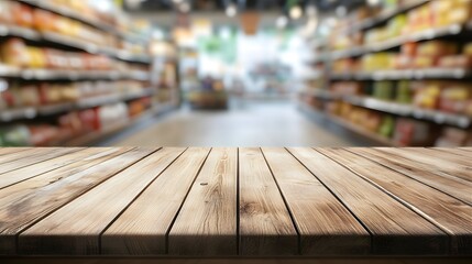 Wooden table top with a blurred background of a supermarket interior, featuring shelves full of products for product display or montage