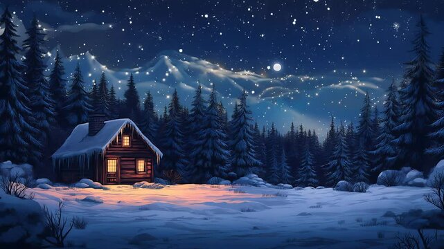 Abandoned wooden house illuminate the snow-covered spruce canopy during moonrise, moonset