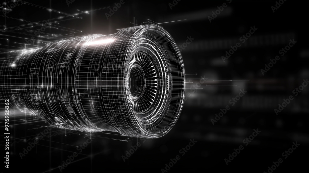 Poster a wireframe 3d vector of a jet engine, with separated layers showing the visible components like tur