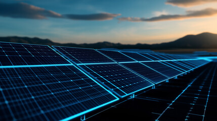 A 3D wireframe visualization of a solar farm, with layers highlighting solar panels and invisible energy conversion processes.