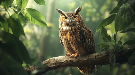Obraz premium A majestic owl perches on a weathered branch surrounded by lush green leaves, its piercing gaze fixed on the distance.
