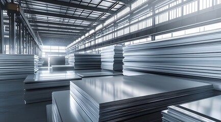 Obraz premium Photo of stainless-steel sheets in a warehouse, with multiple stacks arranged on pallets