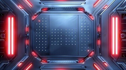 Futuristic metallic panel with red glowing lights.
