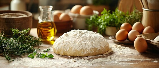 Fototapeta premium Rustic Kitchen Scene with Artisan Bread Dough Rising Surrounded by Organic Ingredients and Warm Light