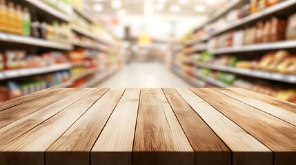Wooden table top with a blurred background of a supermarket interior, featuring shelves full of products for product display or montage