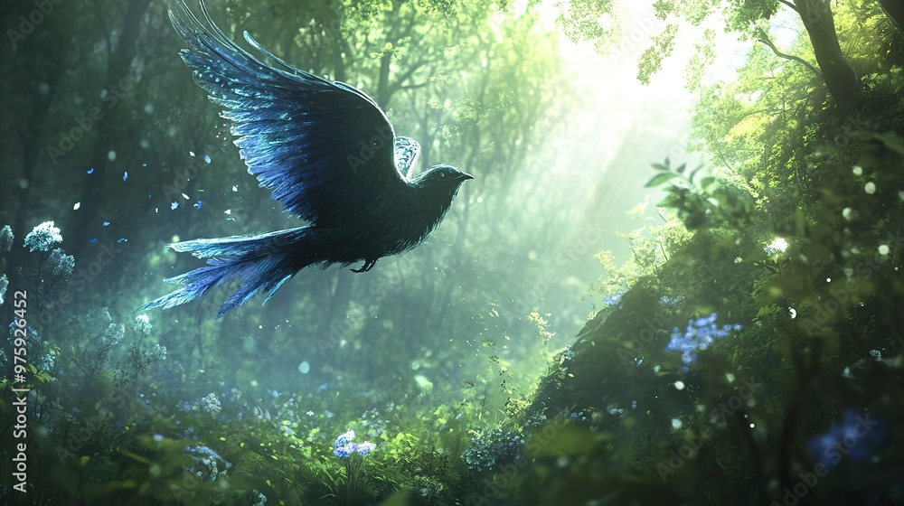 Wall mural ethereal bird in a magical forest 