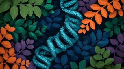 A vibrant mix of leaves surrounding a DNA strand, representing the connection between nature and science in a colorful composition.