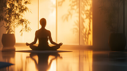 Person practicing yoga in a brightly lit room.