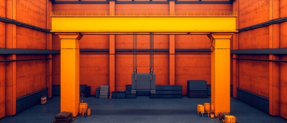 A vibrant warehouse interior with orange walls and a large yellow crane, showcasing an organized space for storage and logistics.