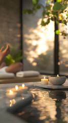 Wellness setting with candles and blurred background.