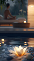 Outdoor wellness scene with floating candle.