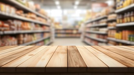 Wooden table top with a blurred background of a supermarket interior, featuring shelves full of products for product display or montage
