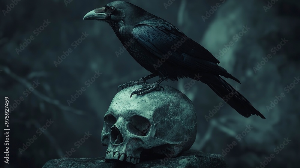 Poster A black crow perches on a human skull in a dark, moody setting