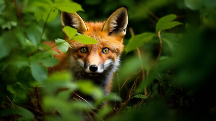 Fototapeta premium Red fox peeking through lush green foliage with bright, alert eyes.