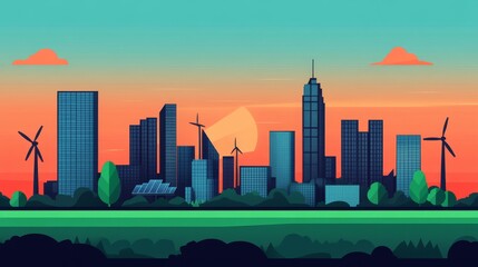 Obraz premium Bright skyline showcasing modern buildings, wind turbines, and a sunset, perfect for themes of sustainability and urban life.