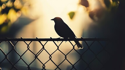 The shadow of a bird perched on a fence, with the shadow creating a detailed outline against the bright, sunlit background