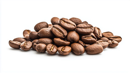 Naklejka premium A pile of fresh coffee beans on a white background, showcasing their rich texture and natural color for a clean and appetizing presentation. photo