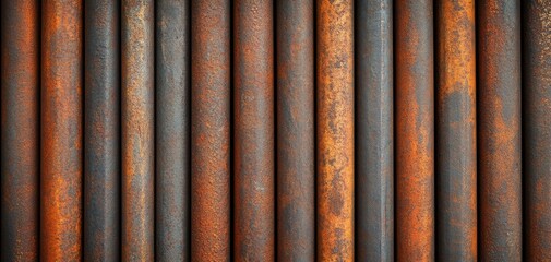 Close-up view of rusted metal pipes arranged in vertical stripes, showcasing weathered textures and colors.