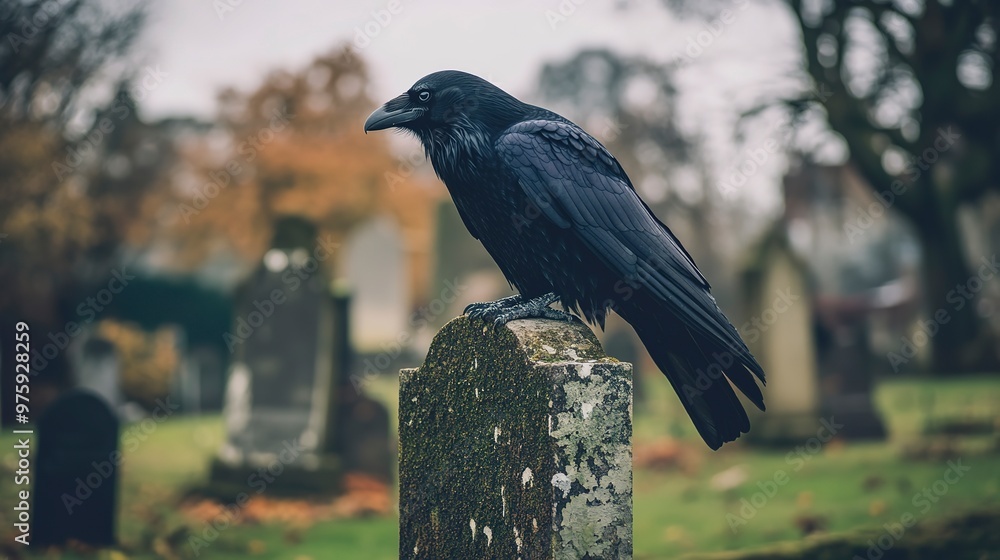 Wall mural Black Crow Perched on a Gravestone in a Cemetery on a Cloudy Day 