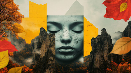 A serene face positioned beside towering, rugged mountains, with vibrant autumn leaves and bold geometric shapes adding layers of abstraction and depth.