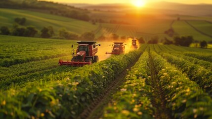Fototapeta premium Two modern tractors harvesting crops in a lush field during a golden sunrise, showcasing agricultural innovation.