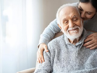 Elderly father smiling warmly as his adult son helps him into a chair, familial love in focus, soft morning light