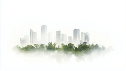 Obraz premium A modern cityscape with lush greenery integrated into the urban environment, all framed by a clean white background to highlight the blend of nature and city life. photo