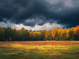 Fototapeta premium Autumnal Forest Edge Under a Stormy Sky
