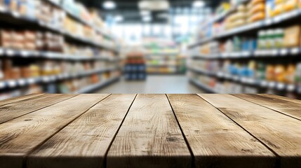 Wooden table top with a blurred background of a supermarket interior, featuring shelves full of products for product display or montage